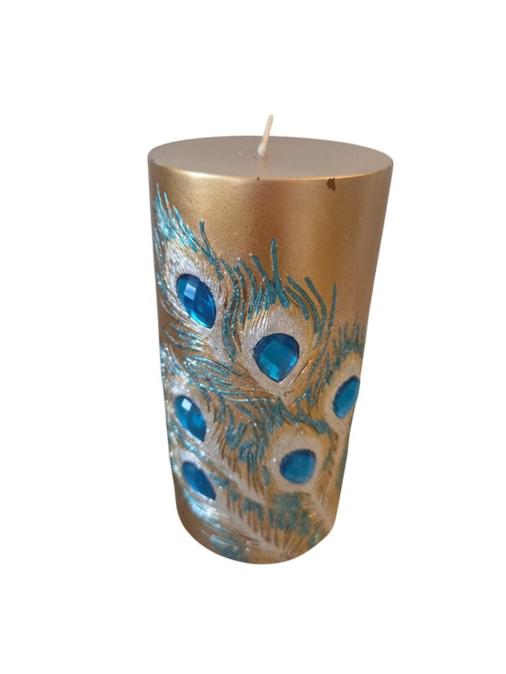 Pier 1 Imports Candle Peacock Feather Gem Pillar Gold Teal Unscented 3x6" AS IS
